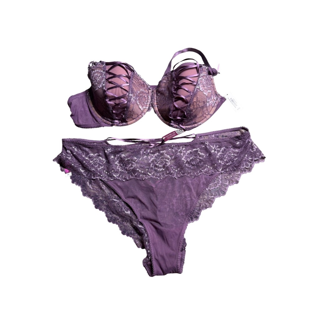 Adore Me‎ Purple Floral Lace Balconette Bra 44D and Panty Set XL Lace-Up Detail
